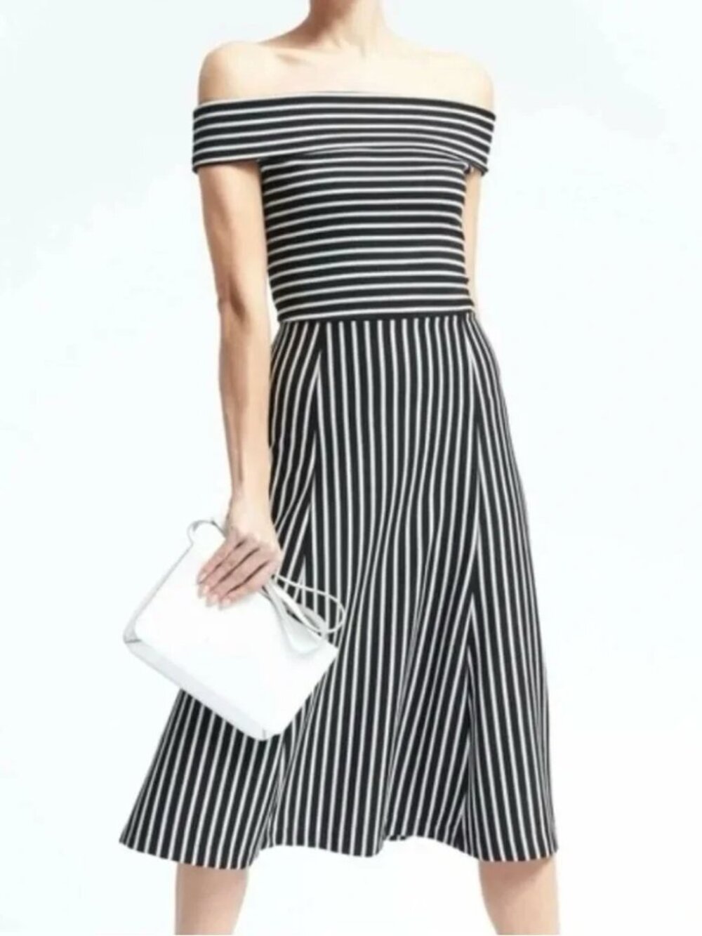 Banana Republic Black White Stripe Off Shoulder Midi Dress
